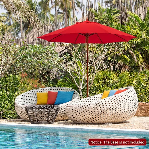 9.5 ft. Rope Pulley Wooden Patio Umbrella Market with Fiberglass Ribs Outdoor Red