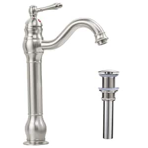 Single Handle Single-Hole Bathroom Vessel Faucet with Drain Assembly in Brushed Nickel
