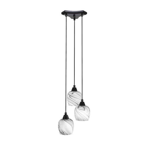 Unbranded Condor 3 Light Matte Black, Cluster Pendant Light with 6 in. Onyx Swirl Glass Shades, No bulbs included
