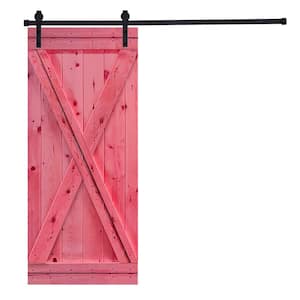 Modern X Style Series 38 in. x 84 in. Scarlet Red stained Knotty Pine Wood DIY Sliding Barn Door with Hardware Kit