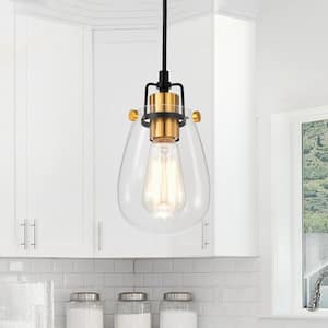 Ontario 1-Light Black and Antique Gold Mini Pendant Light with Clear Glass Shade, 4.75 in. Dia