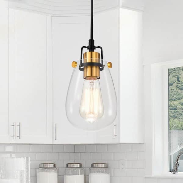 Edvivi Ontario 1-Light Black and Antique Gold Mini Pendant Light with Clear Glass Shade, 4.75 in. Dia