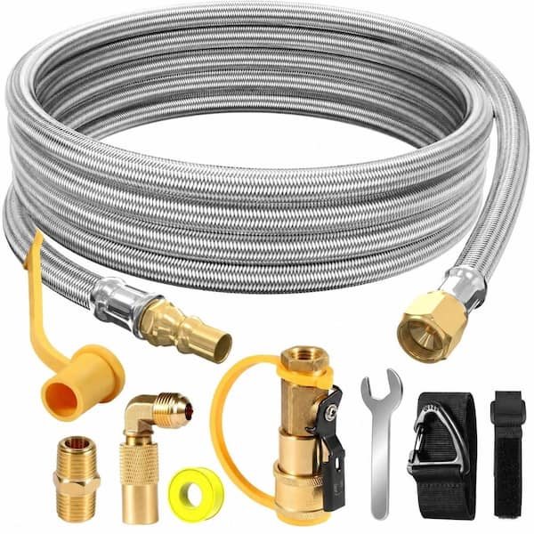 Propane Quick Connect Hose and Elbow Adapter Assembly, 12 ft., stainless steel, Black, for Grill Repair
