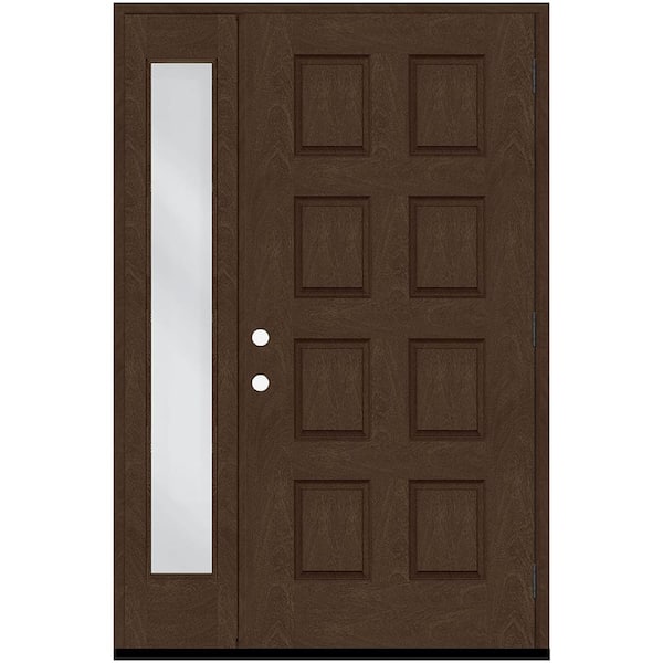 Steves & Sons Regency 51 in. x 80 in. 8-Panel LHOS Hickory Stain Mahogany Fiberglass Prehung Front Door with 12 in. Sidelite