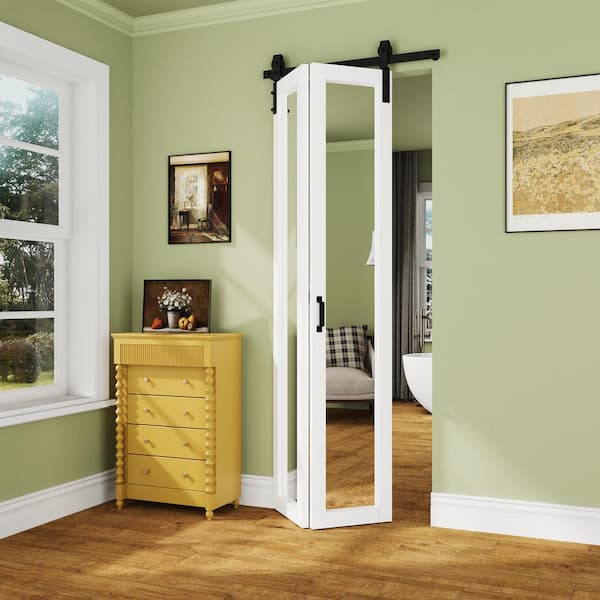 36 in. x 84 in. 1-Lite Mirrored Glass White Finished Composite Bi-Fold Sliding Barn Door with Hardware Kit