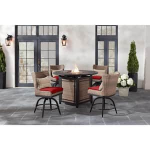Hazelhurst 5-Piece Brown Wicker Outdoor Patio High Dining Fire Pit Seating Set with CushionGuard Chili Red Cushions