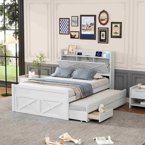 White Wood Frame Full Size Platform Bed with Storage Headboard with Outlets, Twin Size Trundle with 3 Storage Drawers