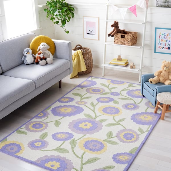 Kids 6 ft. x 6 ft. Square Lavander/Ivory Border Floral Area Rug