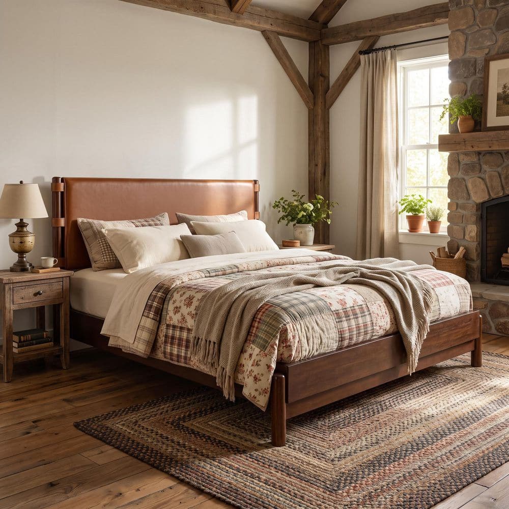 Modern Brown PU Faux Leather Walnut Finish Wood Frame Queen Size Platform Bed with Upholstered Headboard price history on PriceWatchPro