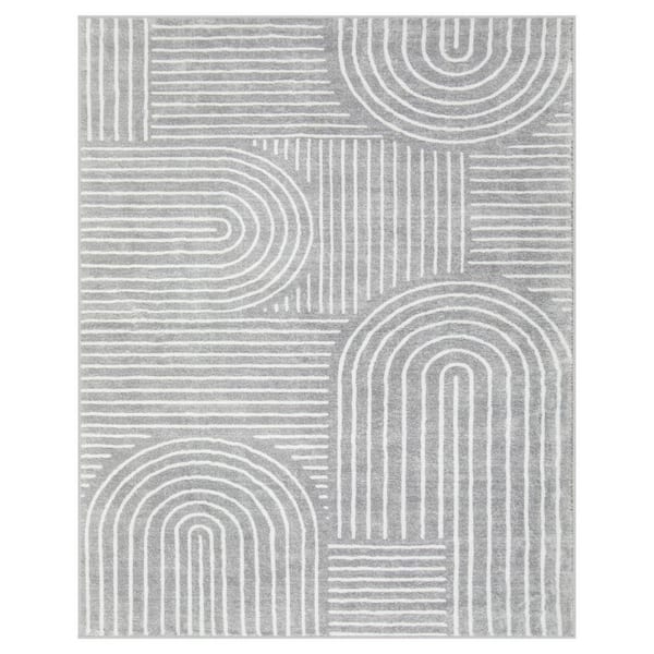 Washable Modern Abstract Rainbow Striped Non-Slip Gray 8 ft. x 10 ft. Living Room Bedroom Indoor Area Rug