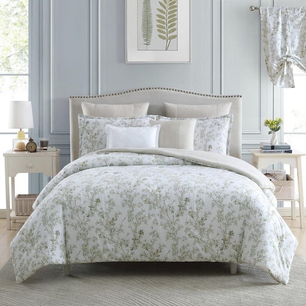 Lindy 7-Piece Green Floral Cotton Full/Queen Comforter Set