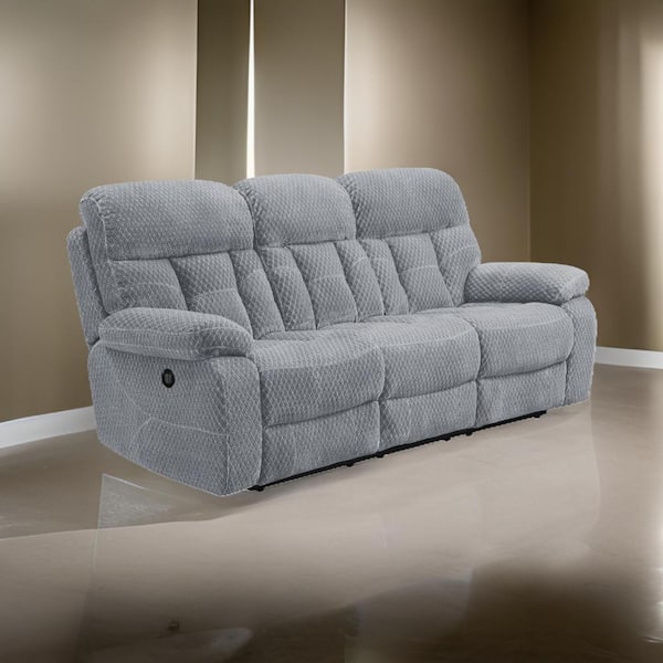 Benjara 87 in. Pillow Top Arm Polyester Rectangle Power Recliner Sofa in Gray