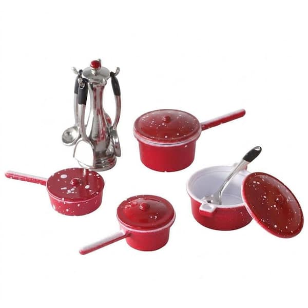 Red Enamel Finish Dollhouse Miniature Kitchen Accessory Set with Metal Pots Pans Utensils Stand 1/12 Scale
