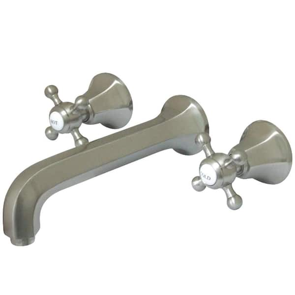 Kingston Brass Contemporary 2-Handle Wall Mount Bathroom Faucet with Cross Handles in Brushed Nickel