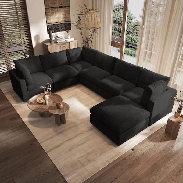 134 in. Square Arm Chenille 7-Piece Modular Free Combination Convertible Sectional Sofa with Movable Covers in Black