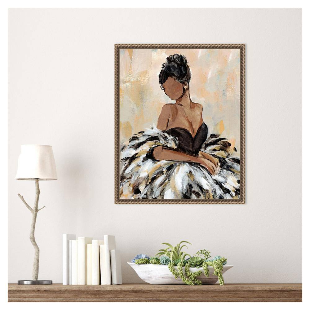 Elegant Black Dress with Feathers Framed Canvas Wall Art 16"x20"