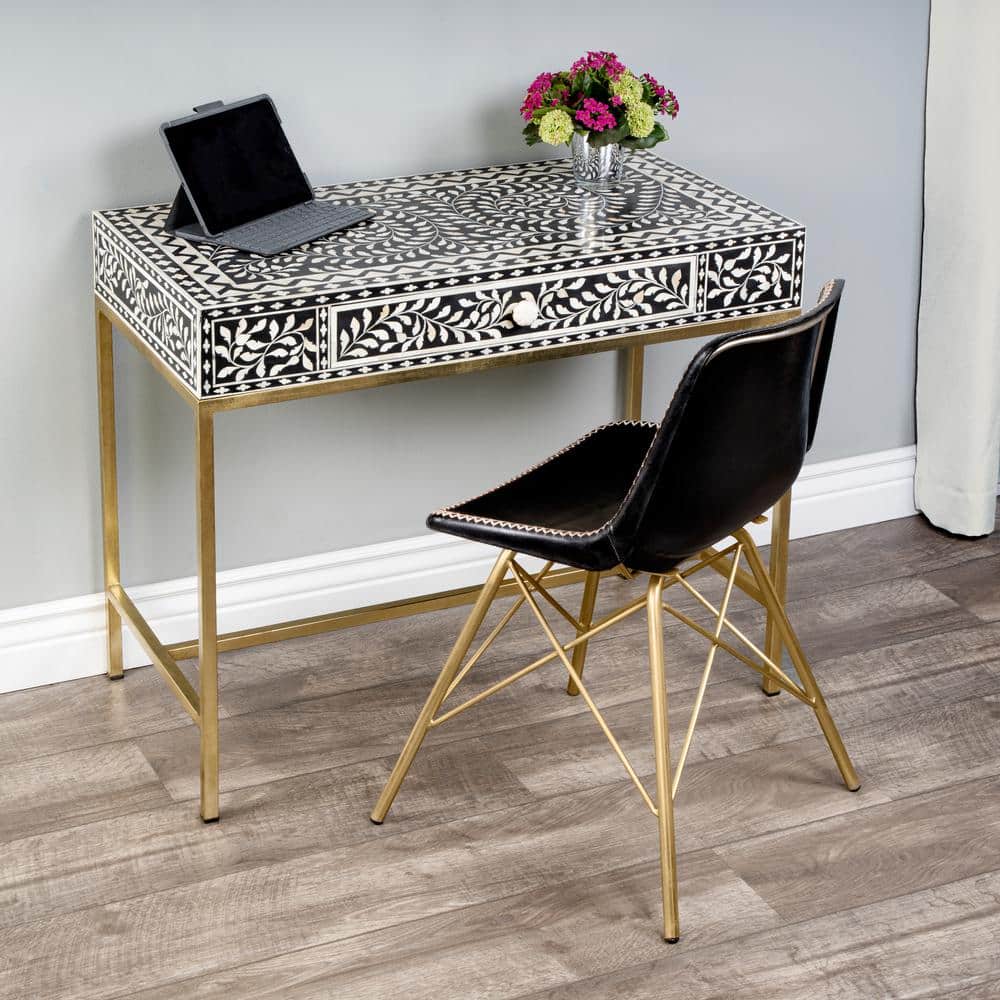 Black Bone Inlay Writing Desk with Drawer, 36"
