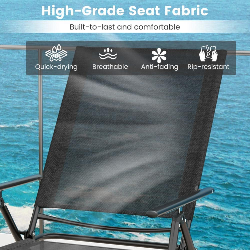 Black Iron Folding Outdoor Chaise Lounge Chairs with Breathable Fabric, Set of 2