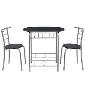 3-Piece Dining Table Set Round Table and Chairs Set for Compact Space with Wooden Table Top and Steel Frame, Black
