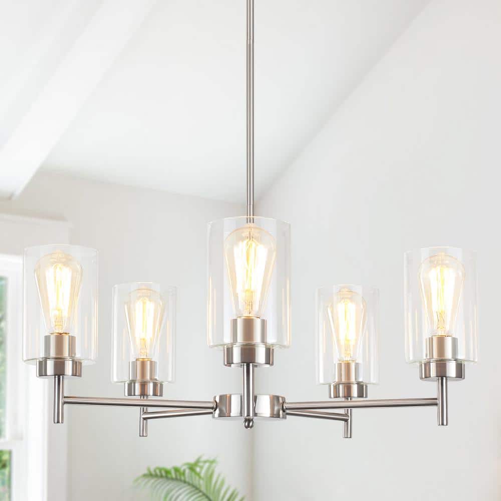 Nickel 5-Light Kitchen Island Chandelier with Clear Glass Shades