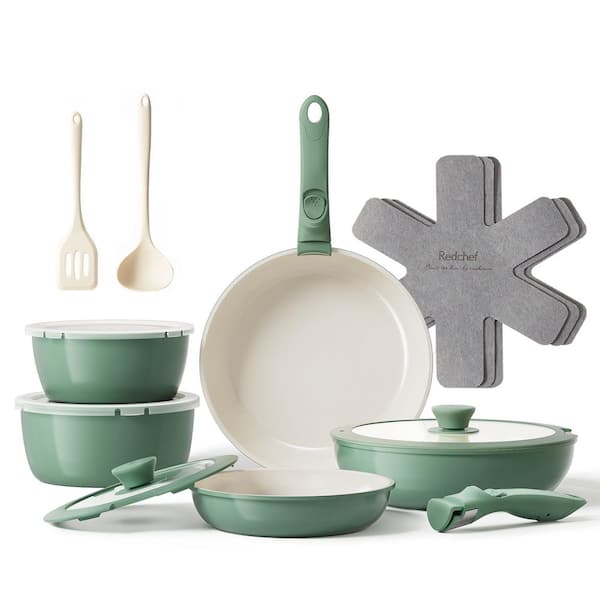 16 Piece Ceramic Nonstick Cookware Set for Camping, Non Toxic Cookware Set, PTFE Free, Dishwasher and Oven Safe, Green