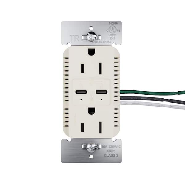 radiant 15A Tamper Resistant 65W Power Delivery USB Type C Duplex Outlet Light Almond