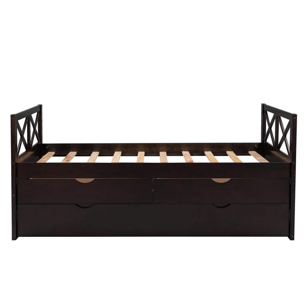 39.2 in. W Espresso Twin Size Solid Wood Multi-Functional Daybed with Drawers and Trundle, Brown