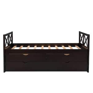 39.2 in. W Espresso Twin Size Solid Wood Multi-Functional Daybed with Drawers and Trundle