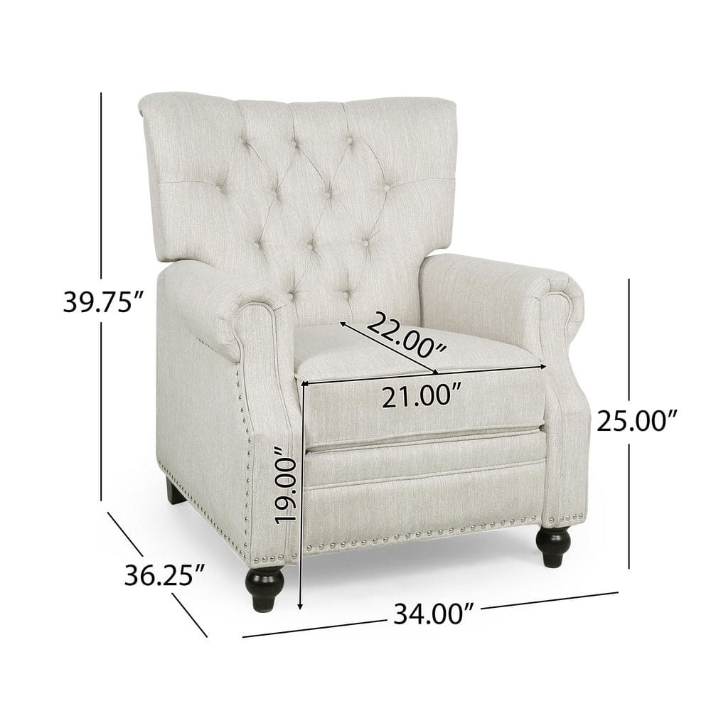 Handcrafted Beige Faux Leather Wood Recliner with Nailhead Trim