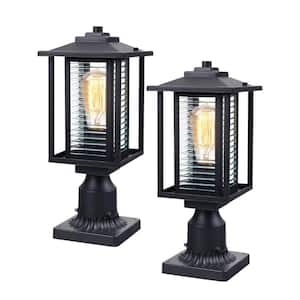 1-Light Black Outdoor Post Lantern with Ribbed Glass (2-Pack)