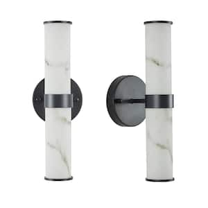 2-Light LED Wall Sconce with Simulated Marble Texture and Black Iron Fixture Set of 2