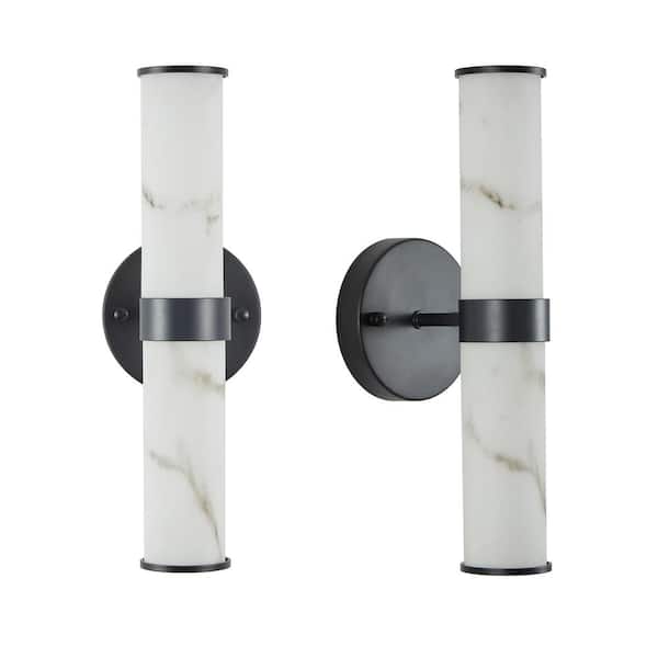 Logmey 2-Light LED Wall Sconce with Simulated Marble Texture and Black Iron Fixture Set of 2