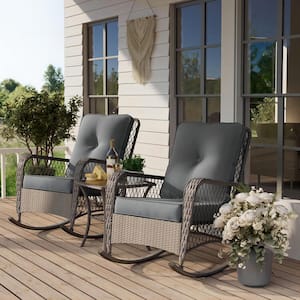 3-Piece Gray Wicker Patio Conversation Set 2 Rocking Chairs with Gray Cushions and Side Table