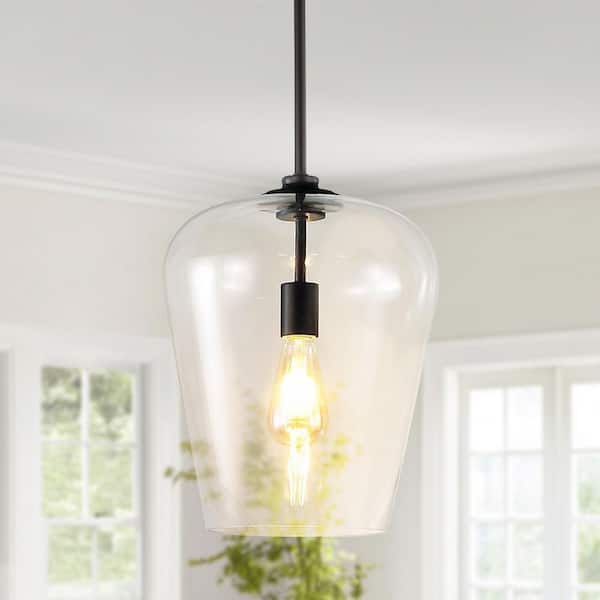 JONATHAN Y Hayes 11.25 in. 1-Light Oil Rubbed Bronze/Clear Industrial Farmhouse Iron/Glass LED Pendant