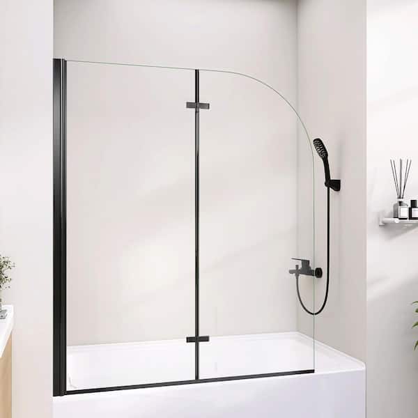 48 in. W x 58 in. H Bi Fold Tub Door Hinged Bathtub Glass Shower Door in Frameless Matte Black with 1/4 in. Clear Glass