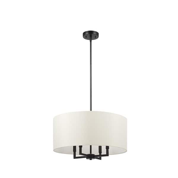 Globe Electric 4-Light Matte Black Chandelier with Beige Fabric Shade