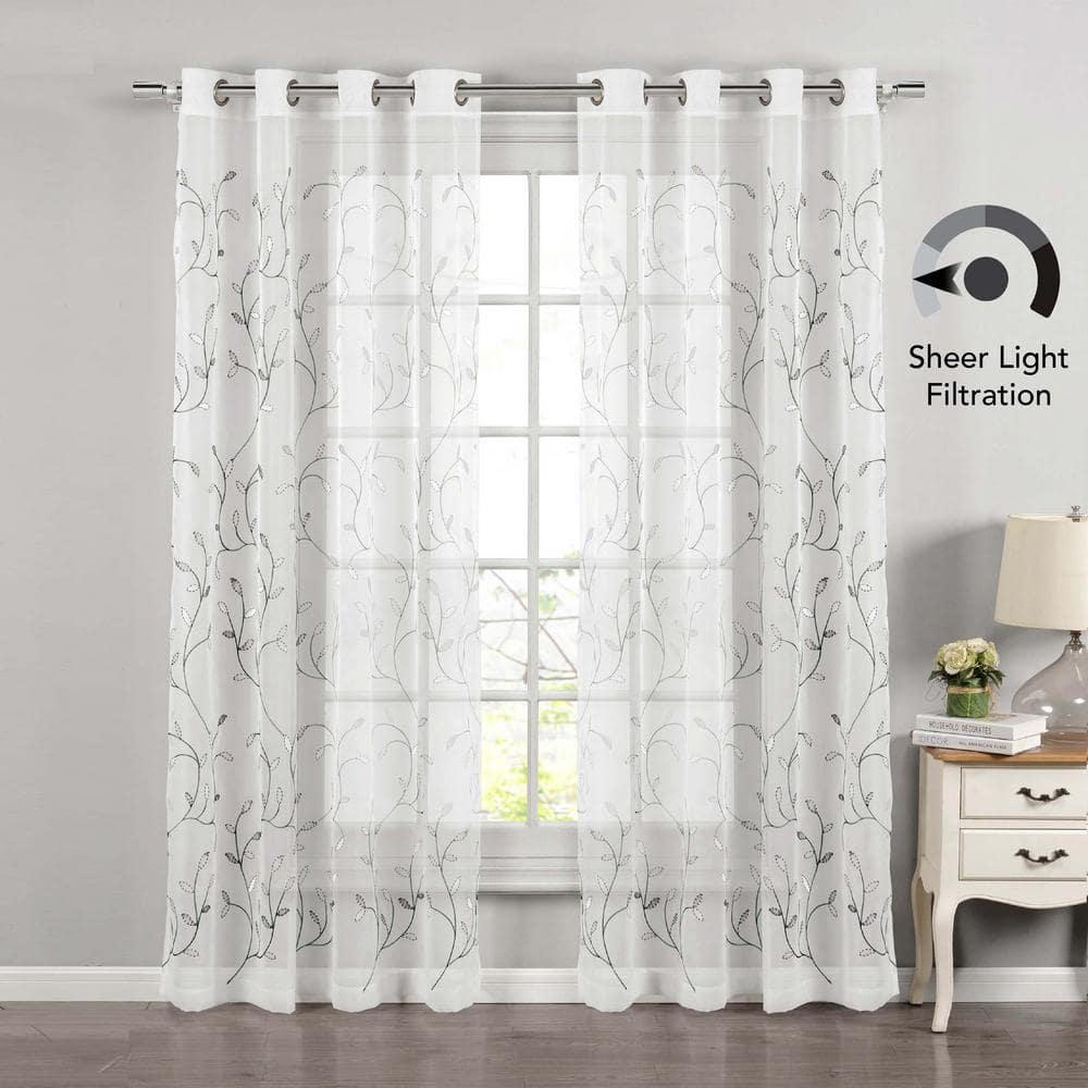 Silver Grey Sheer Embroidered Grommet Curtain Panel 54" x 84"