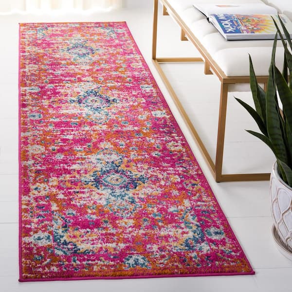 Madison 2 ft. x 10 ft. Fuchsia/Gold Distressed Ornate Runner Rug
