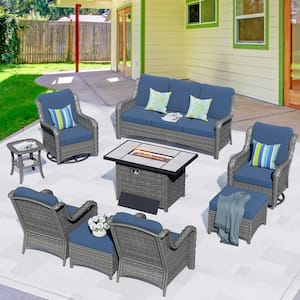 Oreille Gray 9-Piece Wicker Outdoor Patio Conversation Sofa Set with a Rectangle Firepit and Denim Blue Cushions