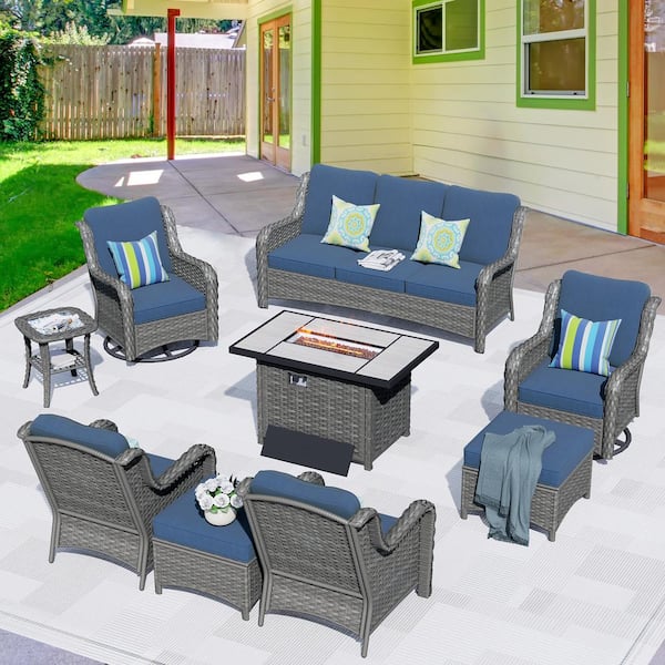 HOOOWOOO Oreille Gray 9-Piece Wicker Outdoor Patio Conversation Sofa Set with a Rectangle Firepit and Denim Blue Cushions