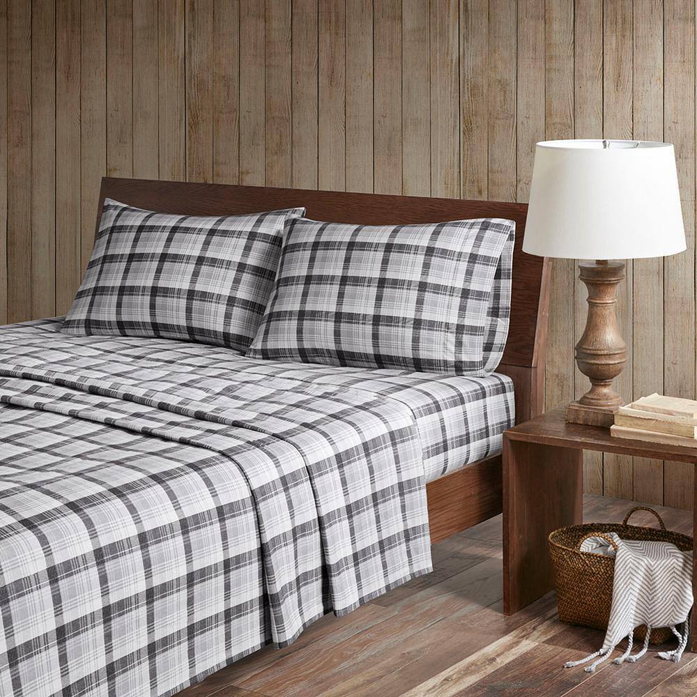 Queen Gray Plaid Cotton Flannel Sheet Set