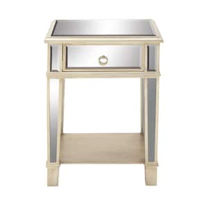 14 in. Beige Mirrored 1 Shelf Large Square Mirrored End Accent Table