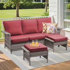 Nyajiah 3-Piece Wicker Outdoor 3-Seat Sofa Couch Set Patio Lounge Chair with Red Cushions, Ottoman