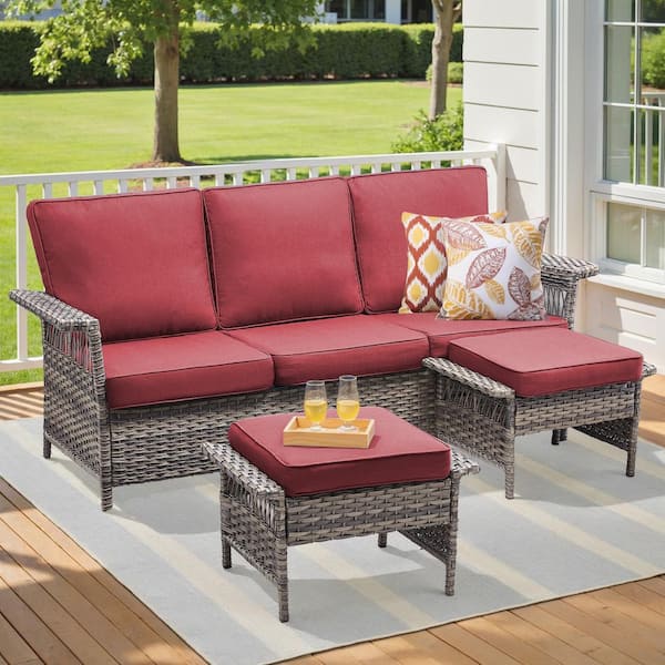 Buenaola 3-Piece Wicker Outdoor 3-Seat Sofa Couch Set Patio Lounge Chair with Red Cushions, Ottoman