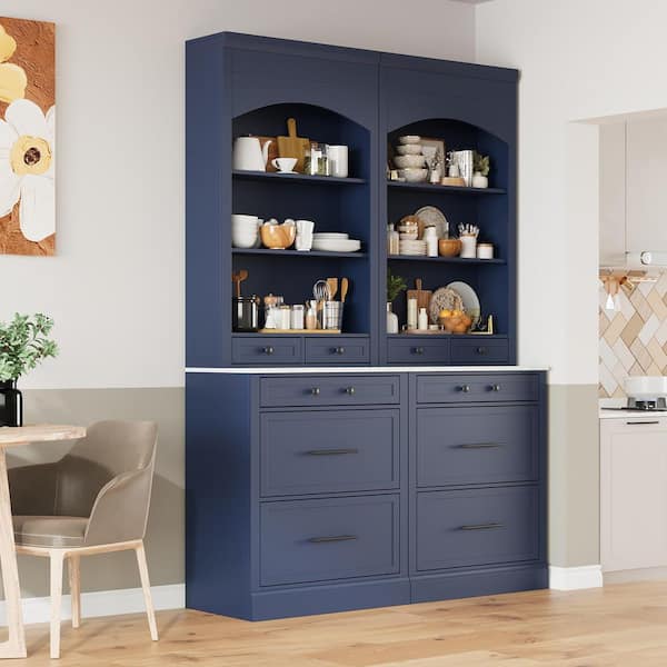 Freestanding Blue Kitchen Pantry Organizer, Cabinet with Faux Marble Top, Adjustable Shelves, 10 Drawers, (Set of 2)
