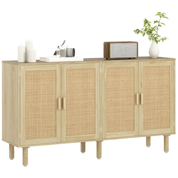 HOMCOM Bohemian Wood Sideboard, 62.2" Buffet Cabinet with 4 Rattan Doors, Coffee Bar Cabinet with Shelves for Living Room, Oak