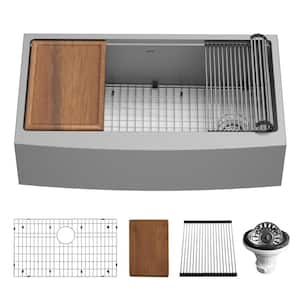 36 in. Farmhouse/Apron-Front Single Bowl 16-Gauge Stainless Steel Workstation Kitchen Sink