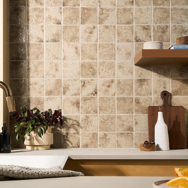 Elara Sand Beige 4.72 in. x 4.72 in. Glossy Textured Porcelain Floor and Wall Tile (4.48 Sq. Ft. / Case)