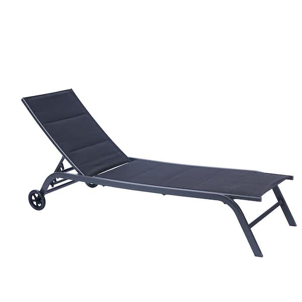 COOLSHARK 5-Position Adjustable Recliner, All Weather Aluminum Outdoor Lounge Chair For Patio, Beach, Black Sponge Fabric