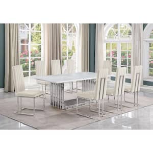 Lisa 9-Piece Rectangle White Marble Top Stainless Steel Base Dining Set With 8-Cream Velvet Chrome Iron Leg Chairs